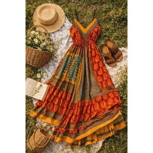 Zury Anthropologie Dress Free Size Maxi Silk Boho Tribal Print Festival Vacation